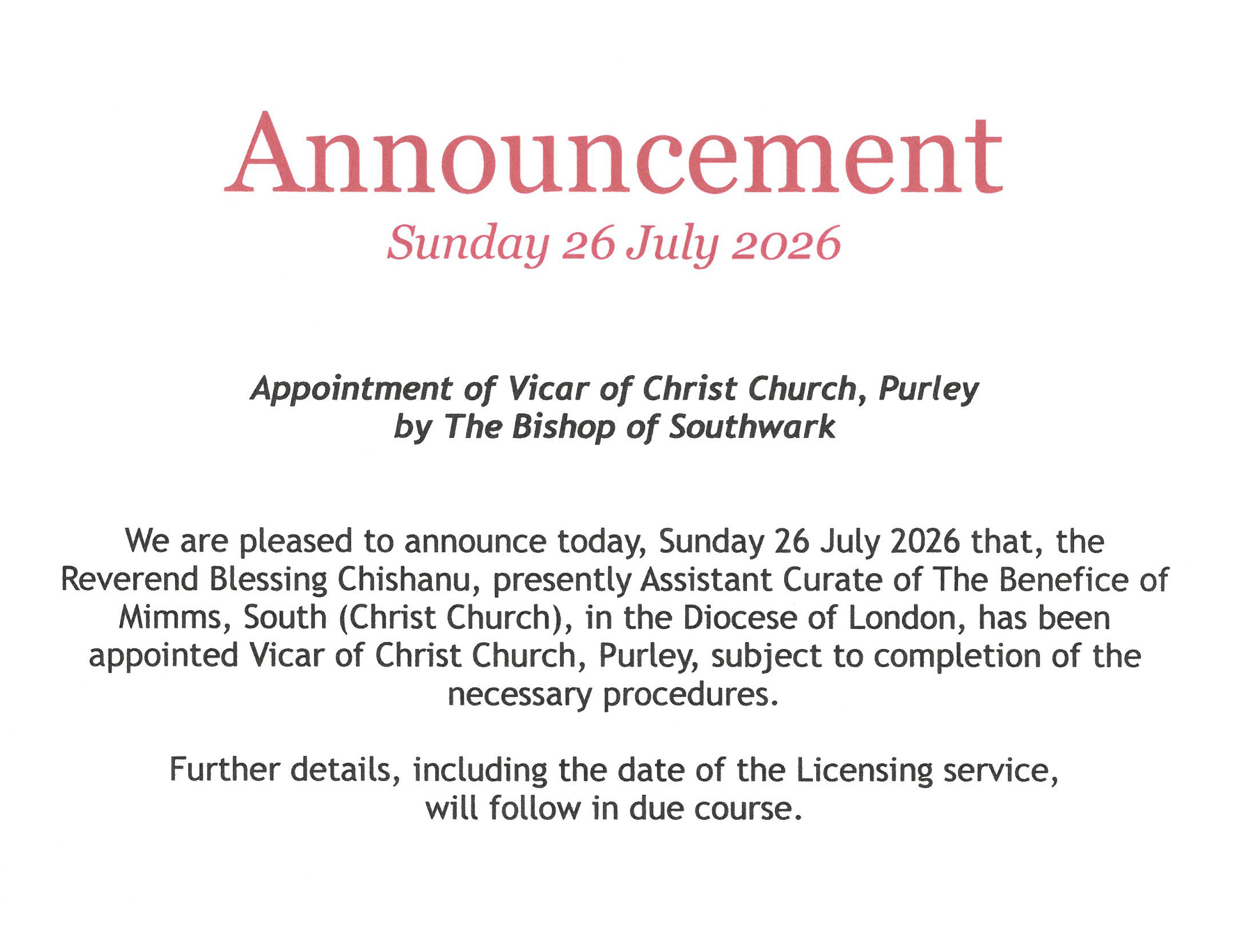 announcement 26 July 26
